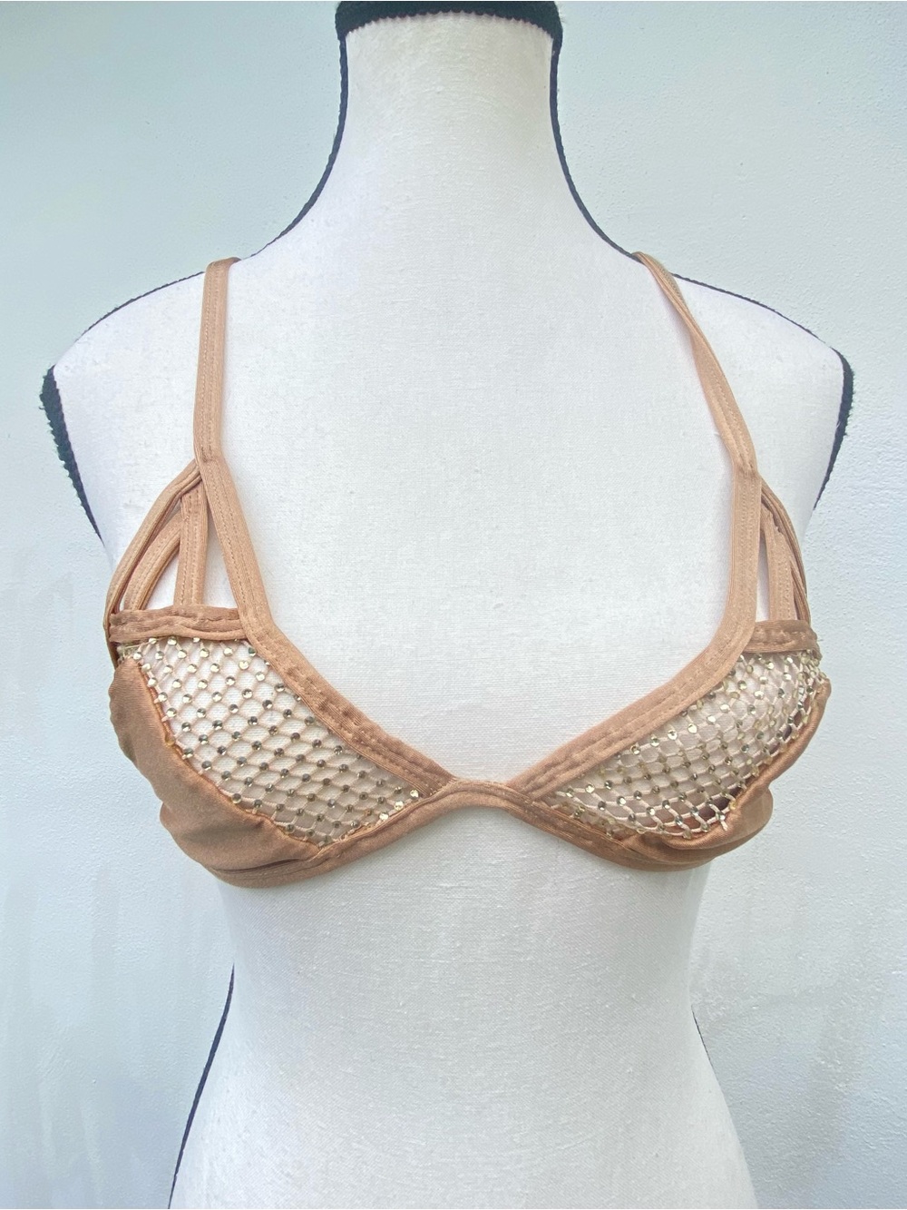 Nude Tan Rhinestone Embellished Bikini Top Size Small